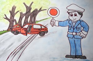 Zdjęcie przedstawia prace rysunkową dzieci na której narysowany jest policjant, który trzyma lizaka policyjnego oraz samochód osobowy po zdarzeniu drogowym.