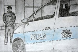 Zdjęcie przedstawia prace rysunkową dziecka przedstawiająca radiowóz oraz policjanta.