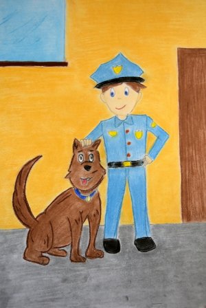 Zdjęcie przedstawia prace rysunkową dziecka, która przedstawia policjanta wraz z swoim psem policyjnym.