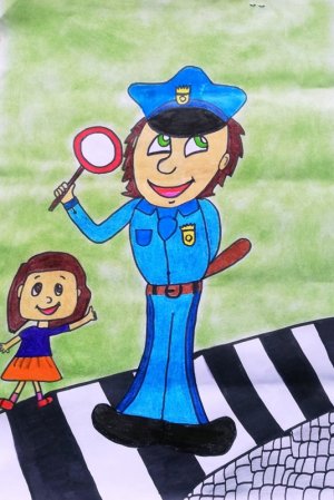 Zdjęcie przedstawia pracę rysunkową dziecka, która przedstawia dziecko oraz policjanta z lizakiem policyjnym.