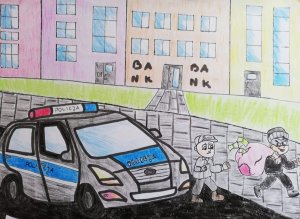 Zdjęcie przedstawia pracę rysunkową dziecka, która przedstawia bank, radiowóz oraz policjanta goniącego rabusia, który owy bank okradł.